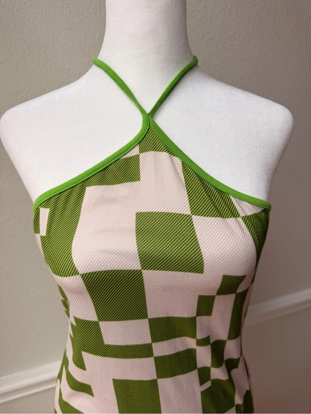Papaya‎ Green Geometric Halter Mini Dress Y2K Mod Checkerboard Bodycon Medium